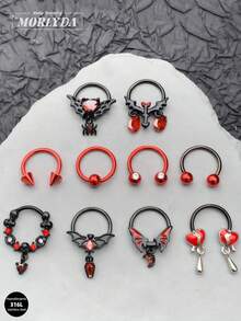Bộ 3 chiếc khuyên mũi Gothic 16G hình đầu lâu, khuyên mũi hình dơi, khuyên mũi hình trái tim, khuyên môi bằng thép không gỉ, khuyên mũi hình trái tim màu đỏ đen, khuyên mũi hình móng ngựa, khuyên mũi hình bàn cờ đen trắng, khuyên mũi dạng vòng có khớp nối, khuyên tai sụn, khuyên tai vành tai, khuyên tai sụn tai, khuyên mũi dạng vòng, khuyên mũi dạng dây chuyền cho nam nữ, quà tặng 10mm, trang sức dự tiệc, hẹn hò, Giáng sinh, Halloween, đeo hàng ngày. - màu đen - Xem 2