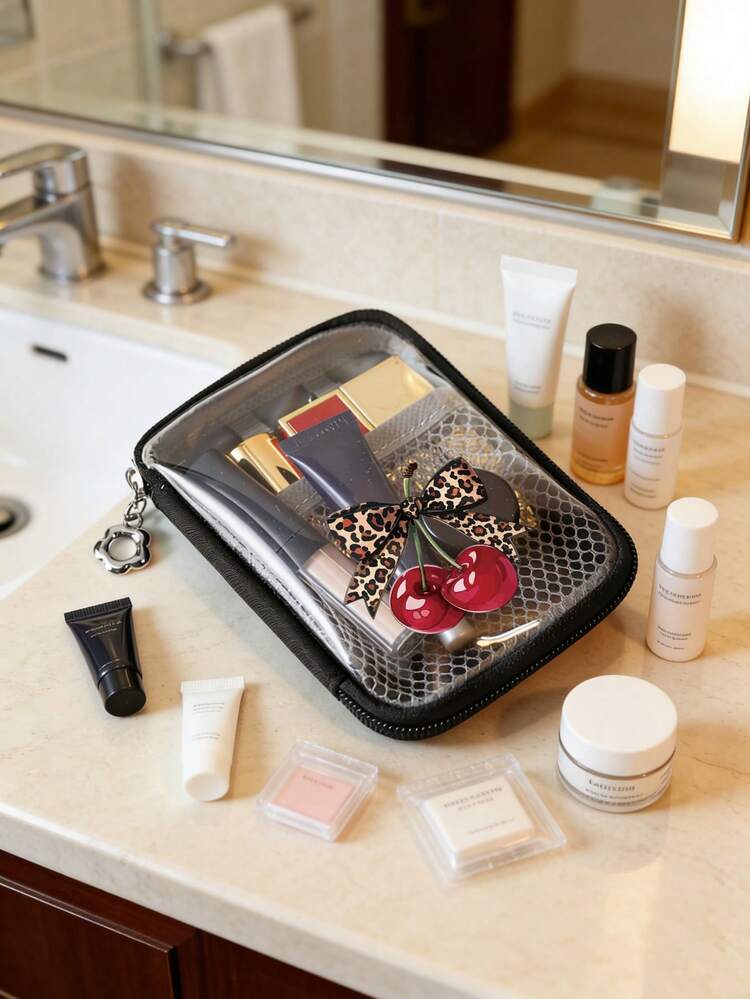 极简便携化妆包，樱桃蝴蝶结印花，防水大容量透明化妆包，带内衬，多功能化妆包，红色气垫收纳便携包，宿舍用品，浴室收纳，珠宝收纳，唇油和化妆品收纳包，学生用品收纳包，节日必备化妆包，化妆品收纳，婚礼新娘礼物，母亲节礼物，生日礼物，送给朋友和老师的礼物 - 彩色 - 查看 4