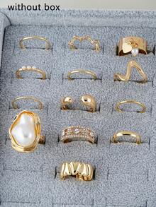 13pcs Set Rhinestone Imitation Pearl Irregular Shaped Open Rings, Elegant & Chic, Stackable Geometric Star Rings, Suitable For Women Daily, Dating, Beach Party, Vacation - Yellow Gold - View 5