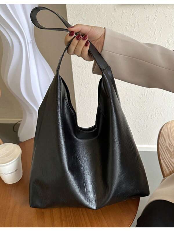 1 Set Black Vintage Fashion Casual Women's Tote Bag, Large Capacity Soft Leather Shoulder Bag, PU Leather, Suitable For Daily Use, Commuting, School, College Students