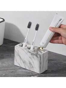White Marble Texture Bathroom Toothbrush Holder, Electric Toothbrush & Toothpaste Organizer Suitable For Vanity, Shower Area And Countertop - White Imitation Toothbrush Holder/comb Holder - View 16