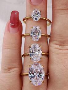 1枚优雅奢华925纯银四爪椭圆形戒指，女士生日派对珠宝礼物 - 金色 - 查看 7