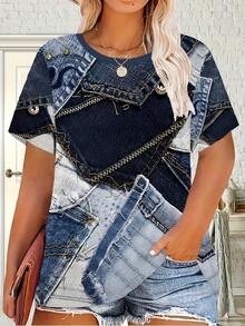 [Printed Pants - Not Denim Fabric]Plus Size - Summer Leisure Vacation Comfortable And Elegant Style With Faux Denim-Inspired 3D Printed Pattern Women'S Round Neck Plus Size Short Sleeve T-Shirt - 白色 - 查看 3