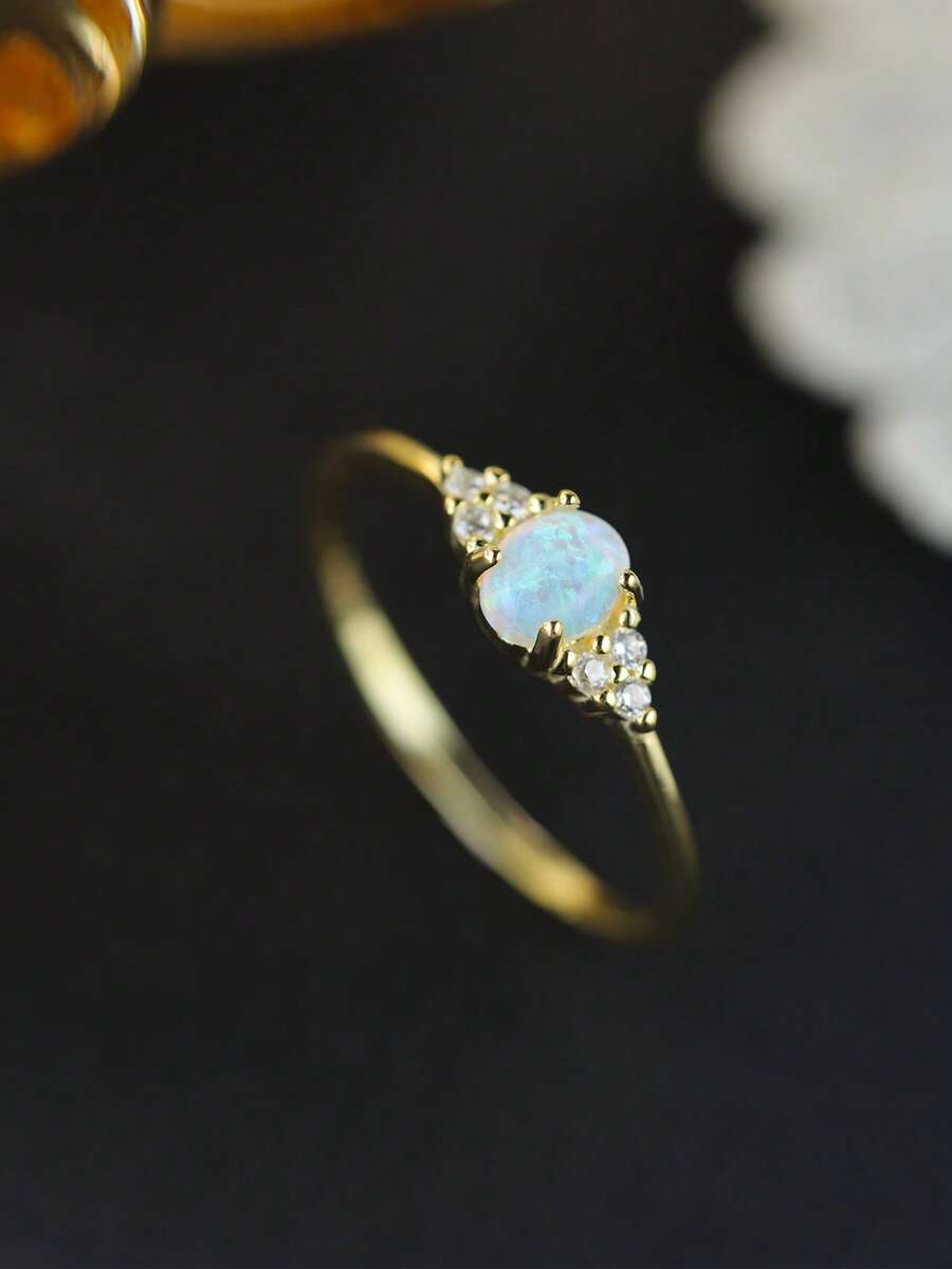 925 Sterling Silver Vintage Palace Style Opal Inlaid 14K Gold Plated Ring, Suitable For Vintage Elegant Wedding, Festivals, Anniversary Gift For Women