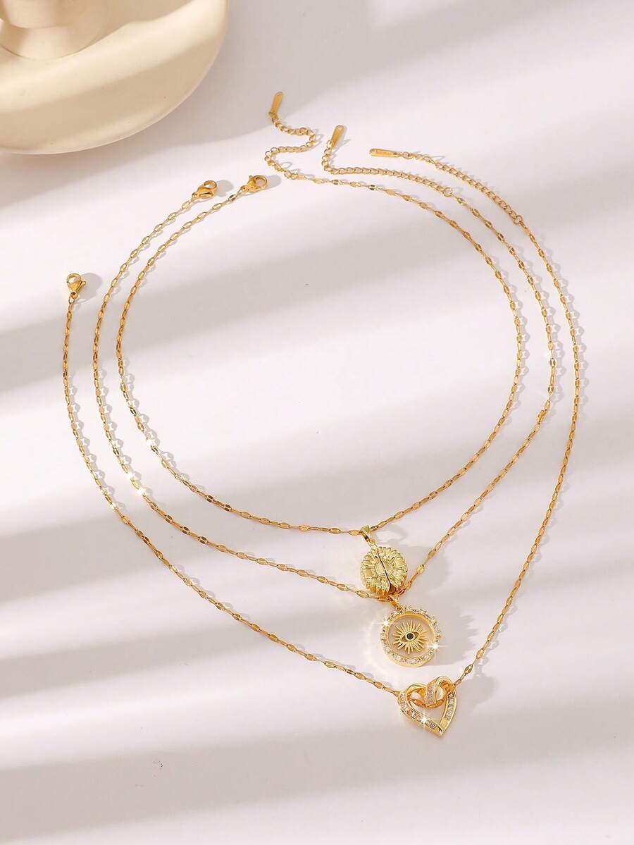 Delicate Luxury Gold Chain Necklace, Heart / Sun / Flower Pendant Options, Elegant Jewelry For Women's Daily, Commute, And Dates - Gold - View 1
