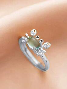 1pc Fancy Adjustable Mini Crab Ring For Women Cute Vintage Summer Beach Style Copper Silver 18K Gold Plated Moonstone Light Blue Animal Rings Jewelry For Girls Daily And Party Occasions Ideal Gift For Friends PBNR - Moonlight White - 查看 6