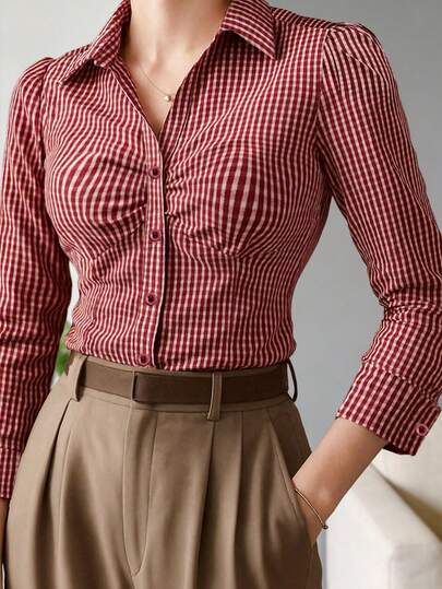 Nueva blusa de mujer con cuello en V plisado, top ceñido a la cintura, frente a rayas con botones y bajo plisado para primavera