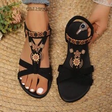 Sandalias planas para mujer Sandalias planas de moda para mujer tallas grandes. Novedad de verano. Sandalias planas elásticas de playa para mujer bohemia. - Negro - Ver 5