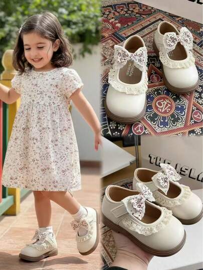 1 Pair Beige Shiny Leather Lace Trim & Bow Decor Flat Sandals, Classic Retro Style Non-Slip Rubber Thick Sole Mary Jane Shoes For Toddler/Little/Big Girls, Round Toe Design, Suitable For Casual Wear, Princess Dresses, 3-13 Years Old, 2026 Spring/Summer New Arrival
