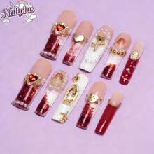 Nailplus 10Pcs Aquarium Long Square Press-On Nails - Pure Handmade Wearable Nails With 3D Starfish Charms, Ocean Wave Accents, Iridescent Shimmer Details & Mermaid Pastel Tones, Y2K Style, Perfect For Beach Vacation, Summer Parties & Afternoon Tea Gatherings,Great Gift For Women & Girls - 彩色 - 查看 3