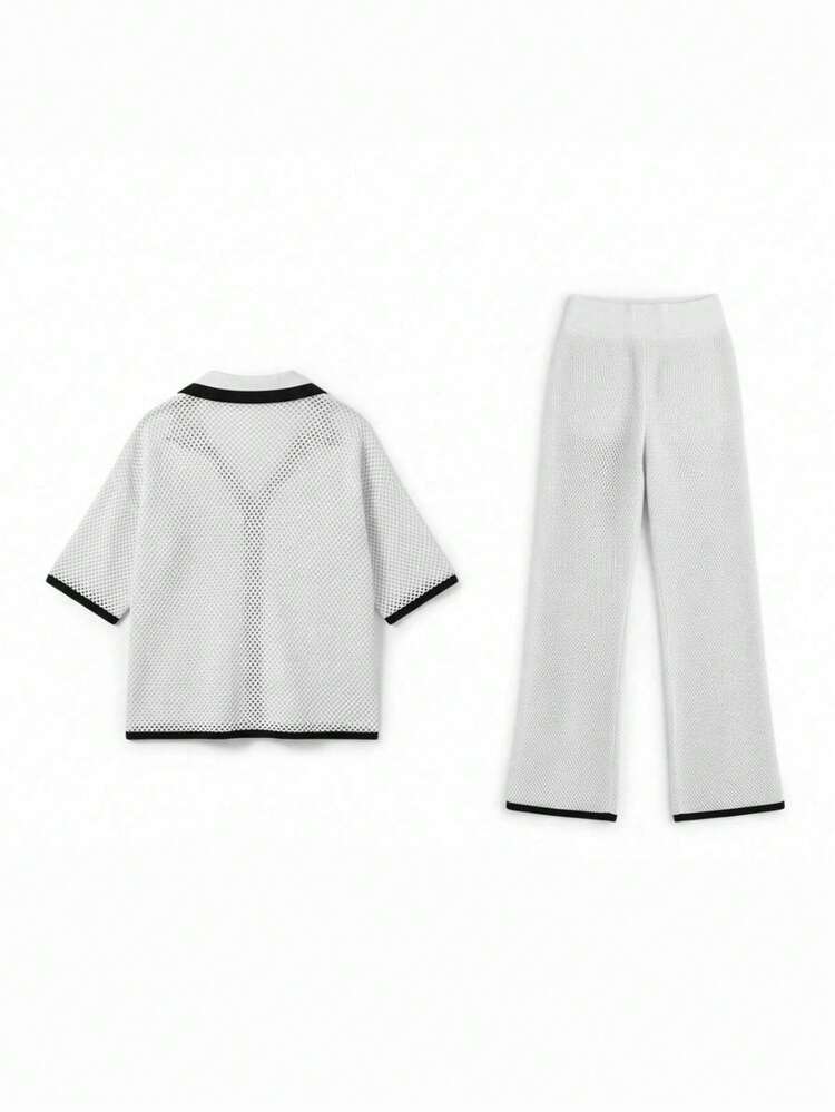Conjunto de 2 piezas de Senya con blusa de manga corta con botones y contraste de cuello y pantalones, tejido de punto calado y estilo casual chic, adecuado para uso diario, vacaciones en la playa, citas, nuevo conjunto de tejido bohemio de verano 2026 - Blanco - Añade 6