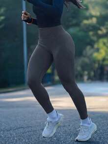 女款高腰收腹提臀健身緊身褲，無縫不透光瑜伽褲，防透深蹲壓力戶外運動緊身褲 - 灰色 - 查看 7
