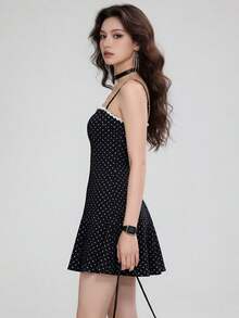 Women Dot Print Mini Dress Slim Ric Rac Square Neck Spaghetti Strap Short A-Line Dresses For Daily Party Club - Black - View 7