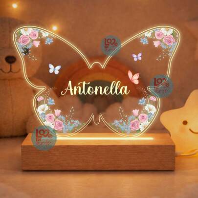 Luminária MADEIRA acende Branco Quente - Borboleta  Bebê Flores Maternidade Personalizado, Decoração, Criança, Borboletas, Abajur, Nascimento, Presente