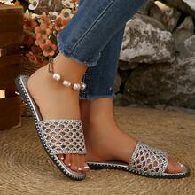 女士新款镂空编织平底拖鞋，简约百搭透气舒适休闲通勤凉鞋 - 銀色 - 查看 3