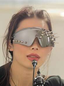 1 Pair Punk Style Rivet Decor Cyber Punk Fashion Fashion Glasses, Oversized Frame Design With Cool Vibe - Black - View 6