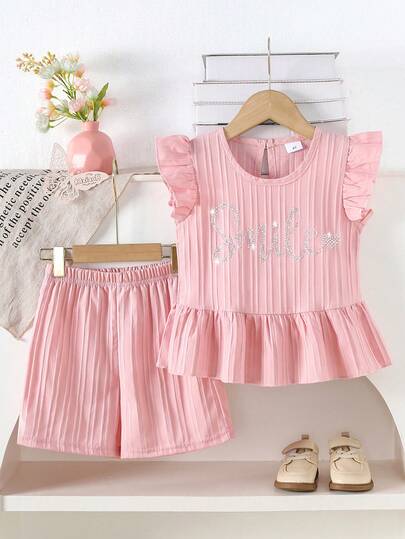 2pcs/Set Young Girls Rhinestone "Smile" Letter Decor Ruffle Hem Flare Sleeve Top + Simple Breathable Textured Shorts Set, Summer