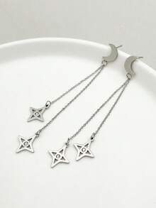 Mazuer 一对Y2K时尚水晶星月双链流苏耳环，不锈钢材质，适合女性佩戴，可用于派对、约会、通勤等场合。 - 銀色 - 查看 5