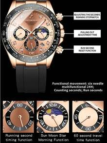 SANDA 男士石英表，硅胶表带，月相、日期、计时功能，防水，运动商务两相宜 - 黑色 - 查看 4