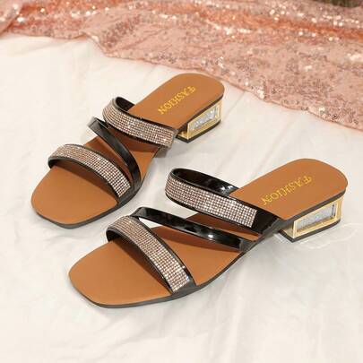 Women's Elegant Sandals, Square Toe Chunky Low Heel Slides, Casual Vacation Rhinestone Sandals, Fashion Asymmetric Heel Mules, Slip-On Beach Shoes, Indoor, Street, Dance Party, Wedding, Beach, Outdoor, Home, Daily