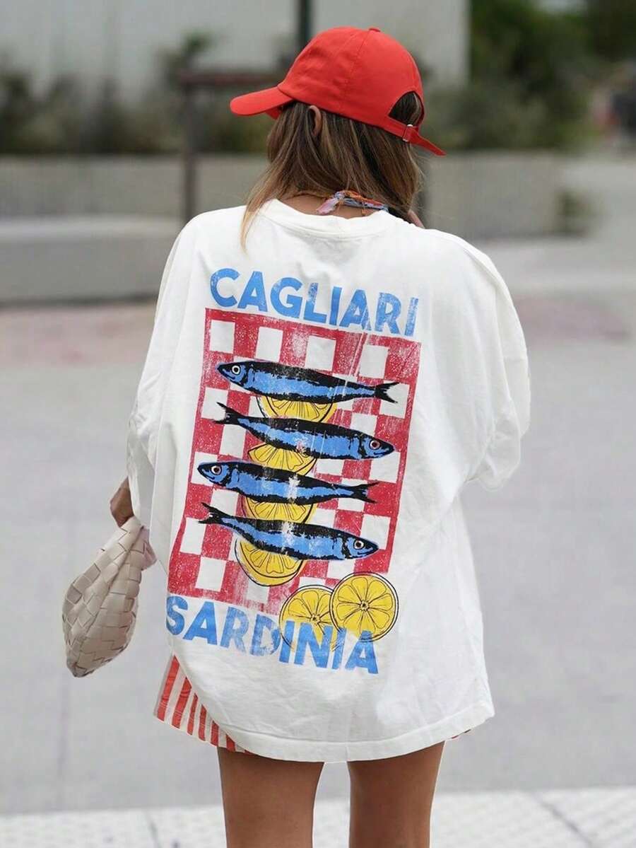 沙丁鱼罐头设计宽松大码女士短袖圆领休闲T恤，夏季海滩 - 白色 - 查看 1