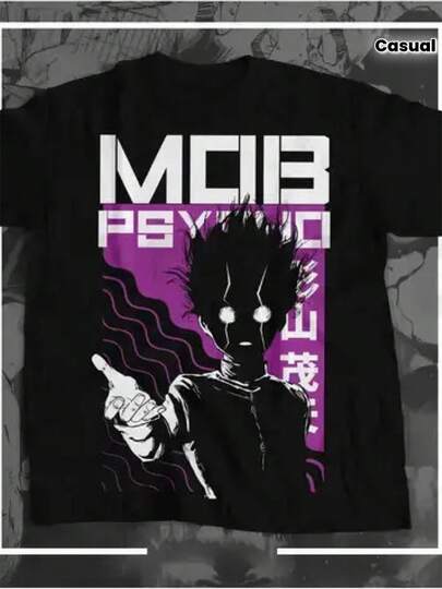 Camiseta de anime psicometrista - Diseño de cómic de Ei Hagi y Matsuo, con texto japonés, ropa casual, adecuada para todas las estaciones, camiseta negra con logo psicometrista morado (licencia oficial) | Diseño exquisito |   Suelto y cómodo |   Fácil de combinar |