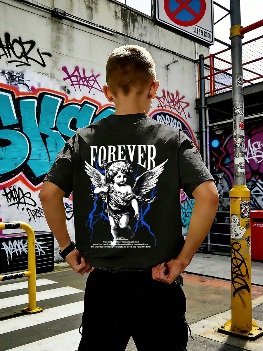 男童休闲印花圆领短袖T恤,夏季上衣 - 深灰色 - 查看 1