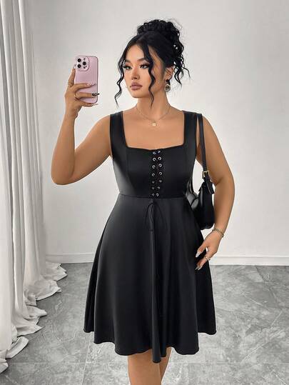 大码无袖收腰休闲迷你连衣裙，圆领，纹理面料，秋冬黑色