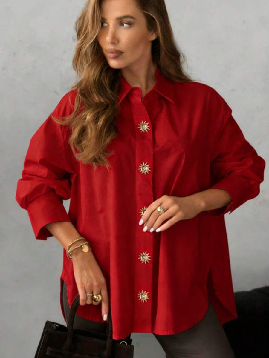 Solstice Apparel Sunflower Metal Buckle Decor Loose Long Sleeve Solid Color Textured Shirt, Minimalist Luxury Style, Work, Dates, Top /Summer Winter - Red - View 1