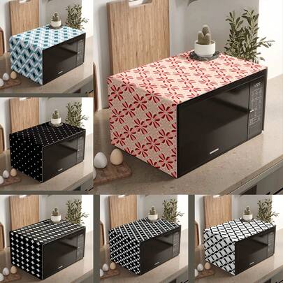 1 pieza Cubierta de polvo para microondas con estampado geométrico, cubierta de polvo decorativa, impresión plana, material de lino, no impermeable, con bolsillo lateral, decoración del hogar, decoración de protección de electrodomésticos, fácil de usar y limpiar, Día de la Mujer, artículos esenciales de viaje, recuerdos de boda, Y2k, dormitorio, accesorios de coche para mujeres, decoración de cocina, artículos del hogar