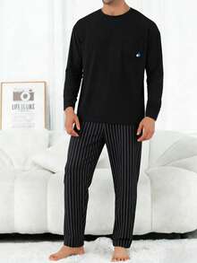 2pcs Men's Plus Size Casual Loose Solid Crew Neck Long Sleeve Top With Pockets & Striped Lounge Pants Pajama Set, Suitable For Spring, Autumn, Winter, Valentine's Day Gift