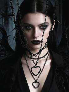 1/2 件黑白哥特式多层金属刺、珠和蝴蝶吊坠项链，适合女性日常佩戴 - 黑色 - 查看 1