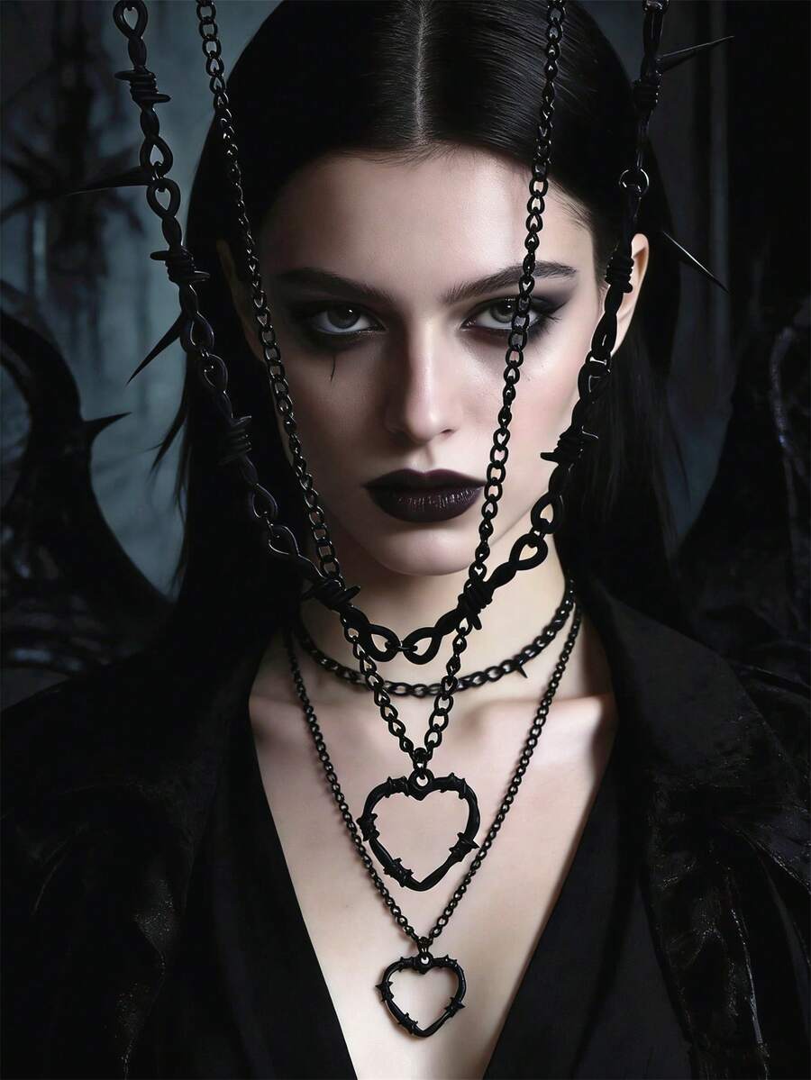 1/2 件黑白哥特式多层金属刺、珠和蝴蝶吊坠项链，适合女性日常佩戴 - 黑色 - 查看 1