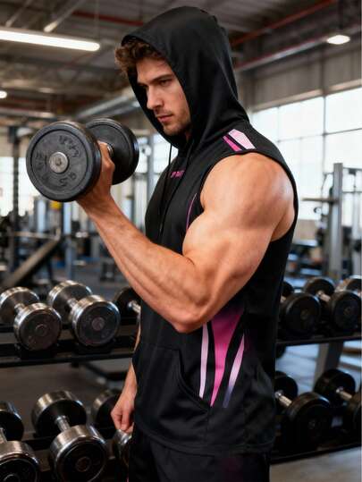 1 pieza Camiseta sin mangas con capucha para entrenamiento físico de hombre, camisa sin mangas degradada de negro y rosa, chaleco con capucha con cordón, top de entrenamiento deportivo, estilo funcional de secado rápido y transpirable con bolsillo, conjunto deportivo para novio