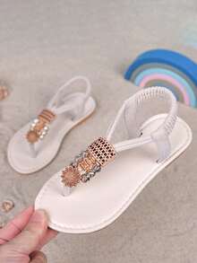 1双女童珍珠装饰平底凉鞋，防滑耐穿儿童罗马凉鞋，适合夏季穿着 - 米色 - 查看 10