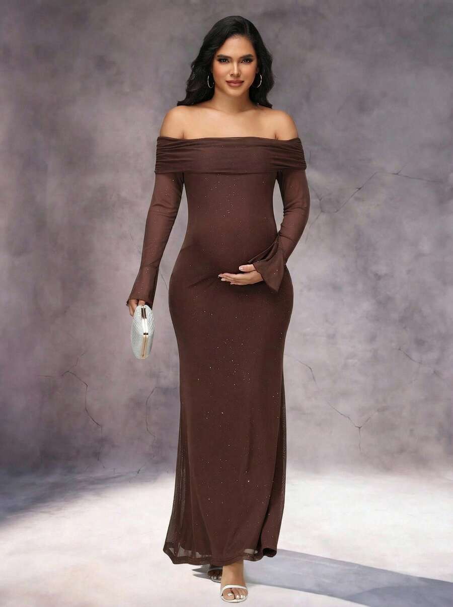 Irresista 孕妇优雅露肩亮片网纱长裙，喇叭袖，适合圣诞节、迎婴派对、拍照等场合 - 棕色 - 查看 1