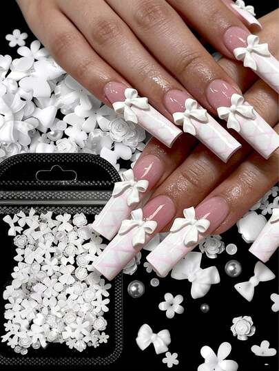 95pcs 3D Resin Purple Flower Nail Art Decorations, Mixed Heart Bear Nail Decals, Cute Pink Ribbon Bow Nail Art DIY Accessories Nails