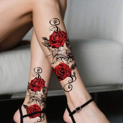 2 Temporary Red Rose Tattoo Stickers, Suitable For Arms, Legs, And Feet, Waterproof Design, Specially Created For Women, Essential For Parties And Music Festivals, Valentine's Day Gift