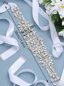 1 pieza Cinturón nupcial de mujer con aplique de diamante y cinta de satén de aleación de plata, accesorio para ceremonia de boda, decoración de cintura para la novia - Blanco - Ver 10