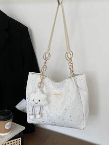 1pc Cloud Decor Star Pattern Polyester Large Capacity Zipper Shoulder Bag, Fashionable For Women Daily Use - White - View 6