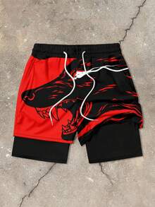 Men's Wolf Print Drawstring Waist Double Layer Shorts - Multicolor - View 2