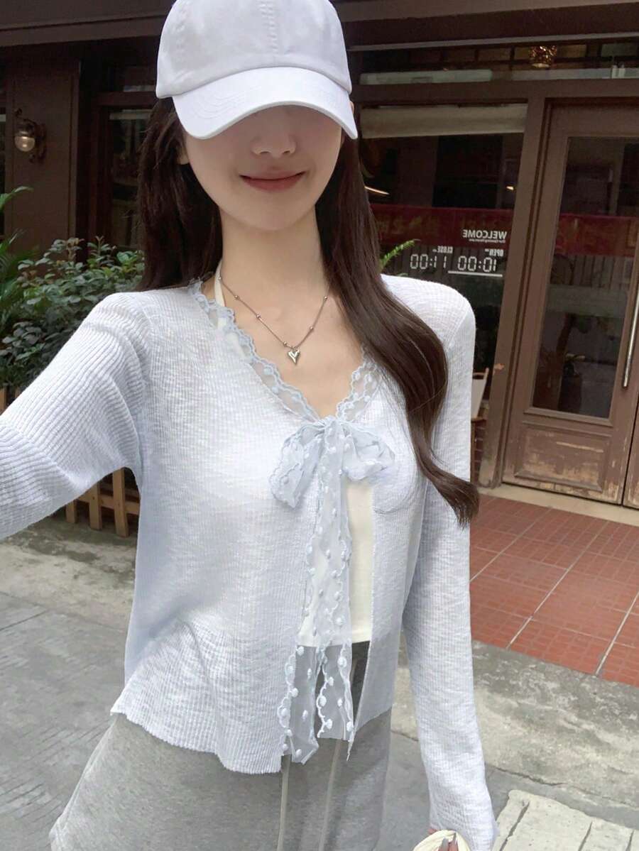 早春韩版蓝色短款V领长袖轻薄开衫,新款甜美蕾丝系带针织外套,春夏必备 - 藍色 - 查看 1