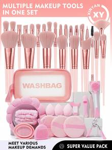 42件套化妆工具套装，包括：25支化妆刷套装+1个多功能防水拉链化妆包+3个化妆海绵+3个圆形粉扑+1个发圈+2个手碗挂绳+1个化妆刷清洁工具+1个硅胶软毛面部清洁刷+1个洗鼻刷+1个眼部化妆辅助工具+1个镊子+1个睫毛夹+1个面膜刷 - 粉色 - 查看 1