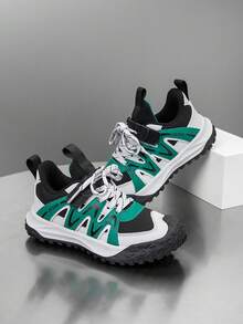 1 para butów dziecięcych, blokowe kolory, oddychające, wygodne, uniwersalne, lekkie buty sportowe na świeżym powietrzu, modne, codzienne trampki, unisex - Zielony - Zobacz 5