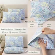 100% Cotton Pillowcases Set Of 2 Queen Size Boho Bohemian Pattern Printed Pillow Cases Soft Breathable Cooling Pillowcase Decorative Pillow Cover Queen 20x30 Inches Blue Paisley - Queen (20x30 Inches)+Green Leaves - View 8
