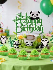 1pc/12pcs/13pcs Baby Birthday Party Themed Cake Toppers, Bamboo Panda Happy Birthday Cake Decorations, Cute Cake Decor - Multicolor - View 4