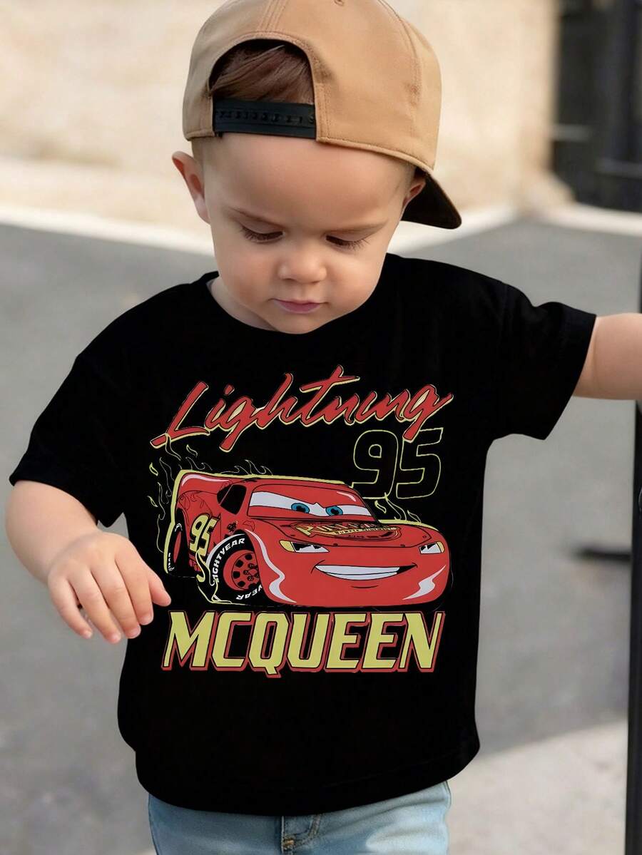 Disney Black Background Cars Lightning McQueen Number 95 Print Kids' Short Sleeve T-Shirt - Playful And Cool Racing Style Top - Black - View 1