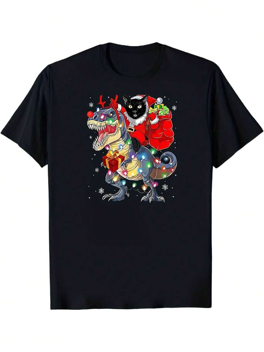 Camiseta Navideña Divertida de Gato y Dinosaurio para Hombres y Mujeres - 100% Algodón S-2XL Camiseta Gráfica Festiva Negra con Gorro de Santa y Reno, Diseño de Gato Festivo en Dinosaurio y T-Rex, Ropa Casual para Exteriores, Conjuntos Unisex para Parejas para Fiestas Navideñas y Vida Cotidiana, Tejido Suave Lavable a Máquina, Camiseta de Cuello Redondo de Ajuste Holgado para Hombres y Mujeres, Perfecta para Primavera/Verano/Otoño - Negro - Ver 1