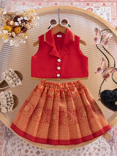 2pcs/Set Young Girl's Vacation Style Lapel Vest Top And Fashionable Skirt, Suitable For Daily, Outdoor, Vacation, Commute, Party