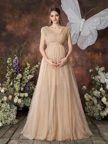 Irresista Dressalisa 孕妇无袖露肩长裙，搭配夸张薄纱裙 - 轻盈雪纺面料，适合春夏季婴儿洗礼和孕妇写真拍摄（迷人的 A 字轮廓，浪漫飘逸的优雅） - 卡其色 - 查看 2